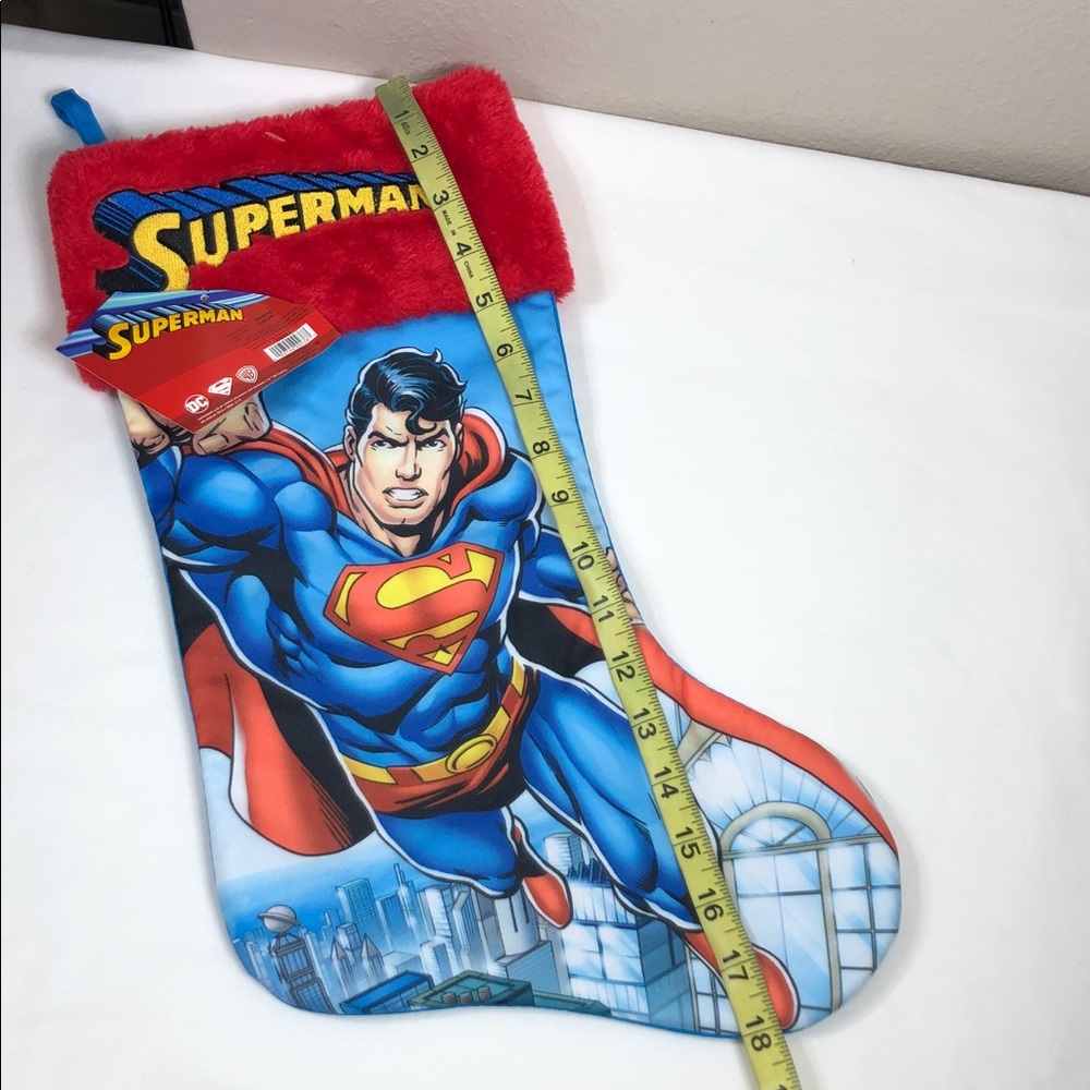DC Comics Fur Cuff Printed Fabric Superman Ref Blue Christmas Stocking 18” - Picture 10 of 10